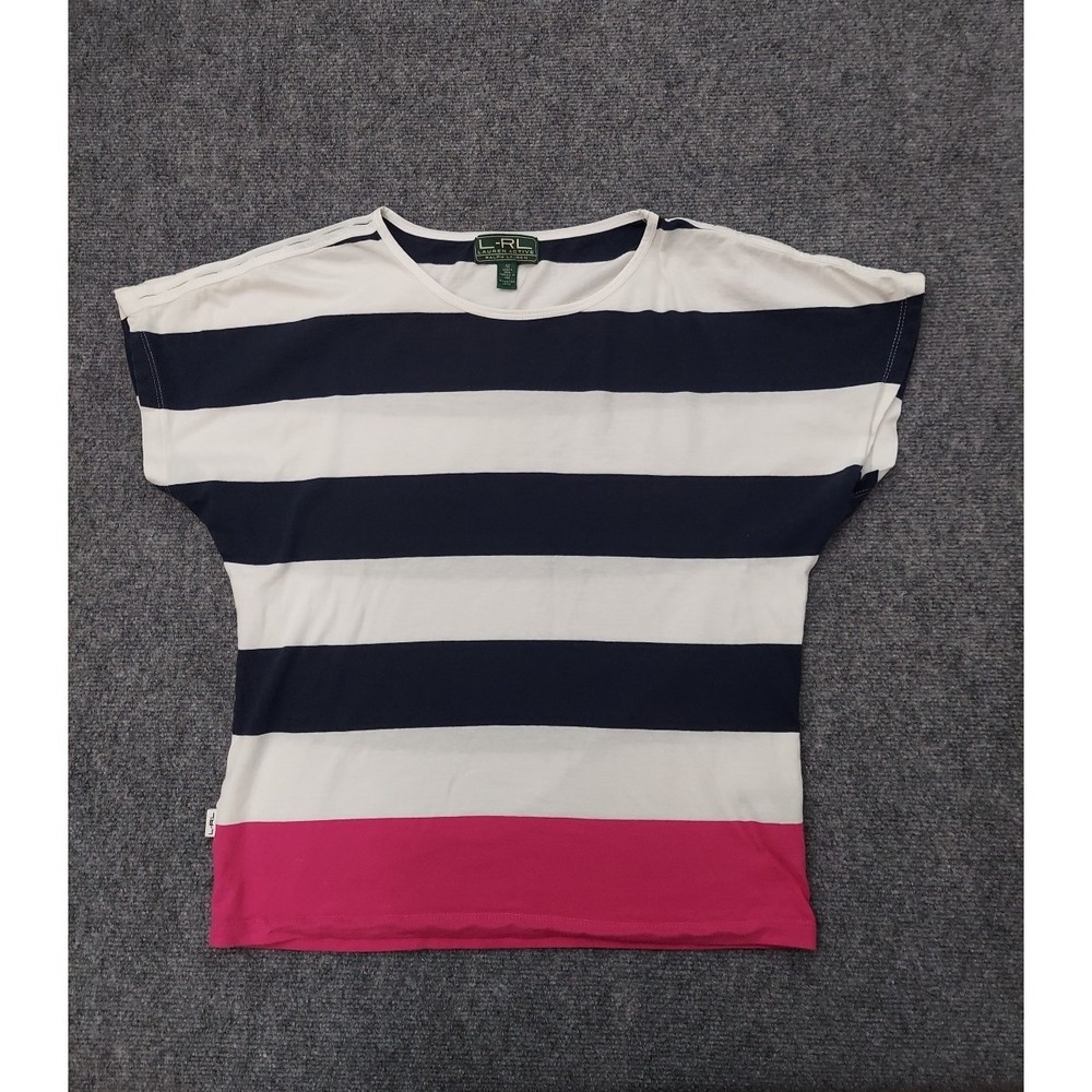 LRL Ralph Lauren Active Top Womens Medium Black Pink Striped Cotton Short Sleeve